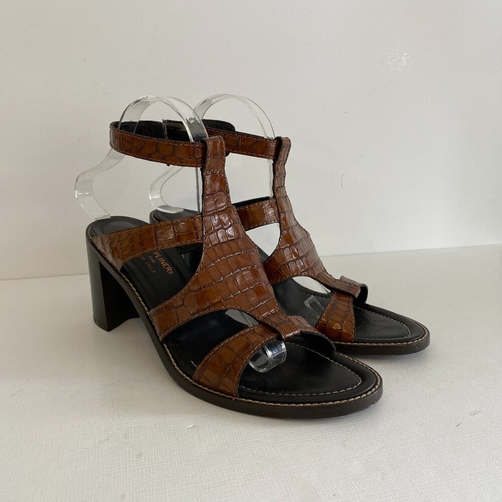 Donald J Pliner Caren Brown Leather Embossed Strappy Open Toe Heels US 10